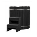Dynamic Cold Therapy Black Barrel Cold Plunge Tub (304 Stainless Steel Interior), three quarter view of the black synthetic wood exterior with the two tier entry step