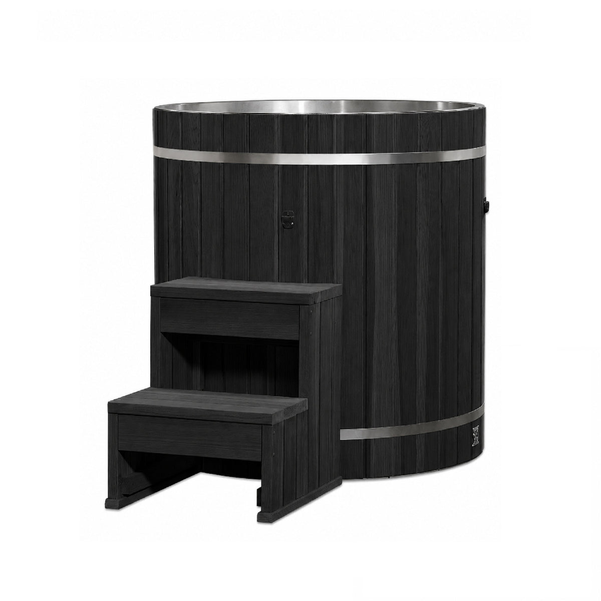 Dynamic Cold Therapy Black Barrel Cold Plunge Tub (304 Stainless Steel Interior), three quarter view of the black synthetic wood exterior with the two tier entry step