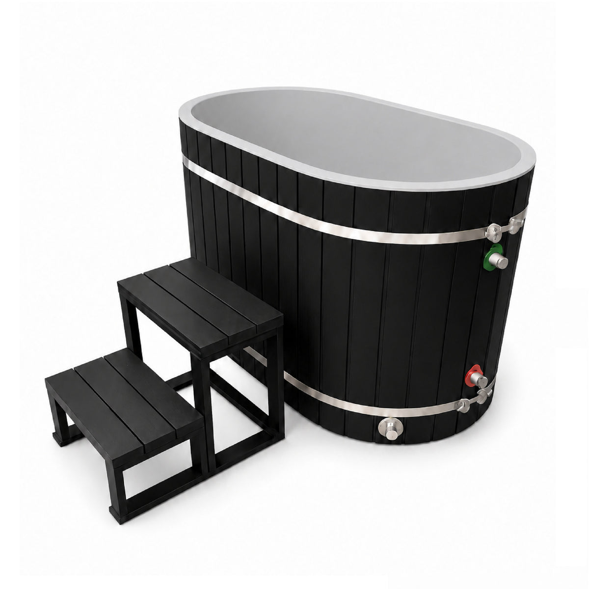 Dynamic Cold Therapy Black Oval Barrel Cold Plunge Tub, three quarter view into the grey PVC interior with the entry step