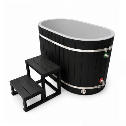 Dynamic Cold Therapy Black Oval Barrel Cold Plunge Tub, three quarter view into the grey PVC interior with the entry step