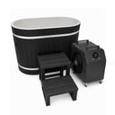 Dynamic Cold Therapy Black Oval Barrel Cold Plunge Tub, with the entry step and the 0.8 or 1.0 HP chiller beside it
