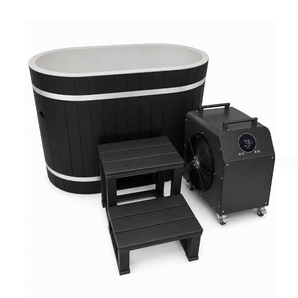 Dynamic Cold Therapy Black Oval Barrel Cold Plunge Tub, with the entry step and the 0.8 or 1.0 HP chiller beside it