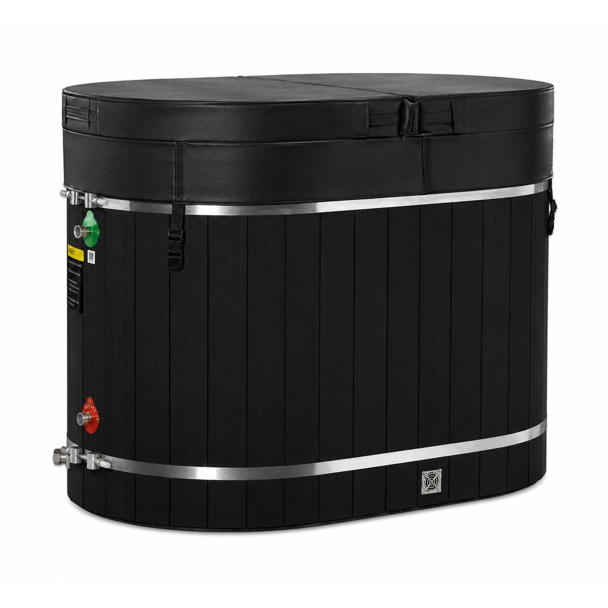 Dynamic Cold Therapy Black Oval Barrel Cold Plunge Tub, with the insulated cover strapped on