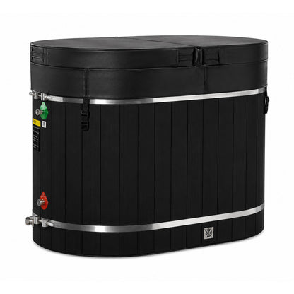 Dynamic Cold Therapy Black Oval Barrel Cold Plunge Tub, with the insulated cover strapped on