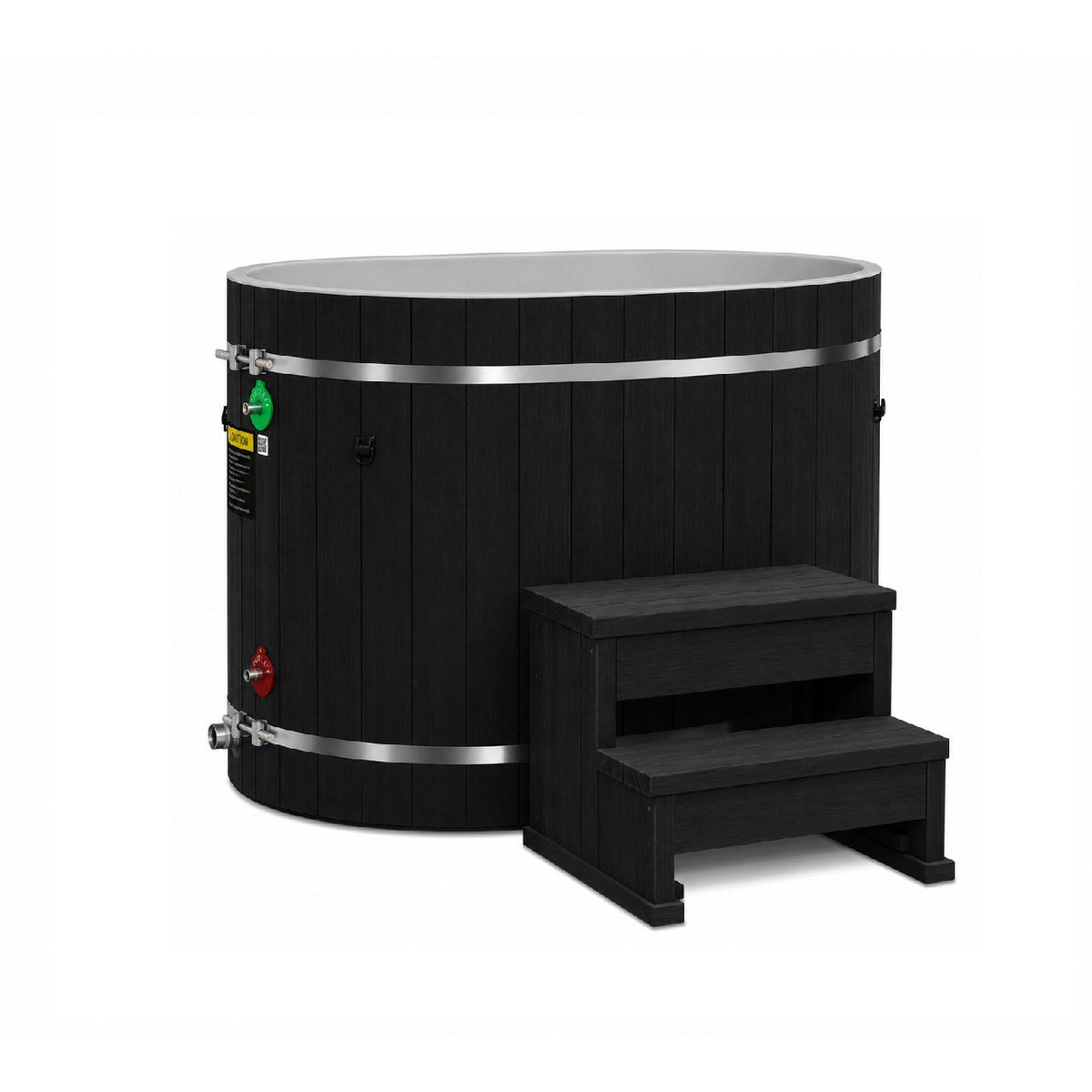 Dynamic Cold Therapy Black Oval Barrel Cold Plunge Tub, side view of the black synthetic wood exterior with the two tier entry step and the inlet and outlet fittings
