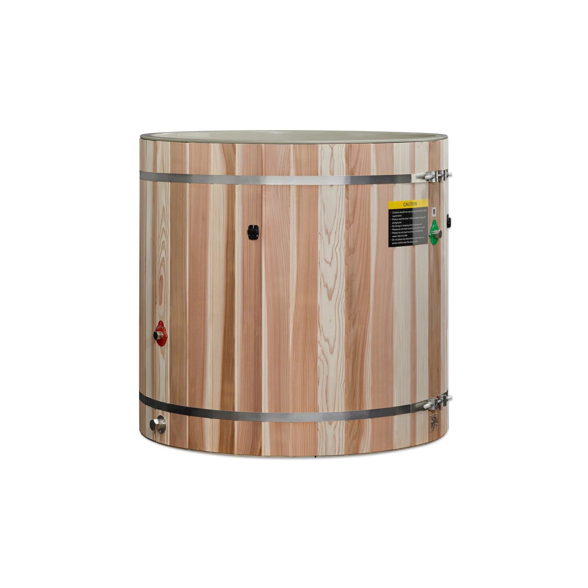 Front view of the Dynamic Cold Therapy Pacific Cedar Barrel Cold Plunge Tub (Plastic Interior) (DCT-B-042-PLPC-34) – cold plunge tub
