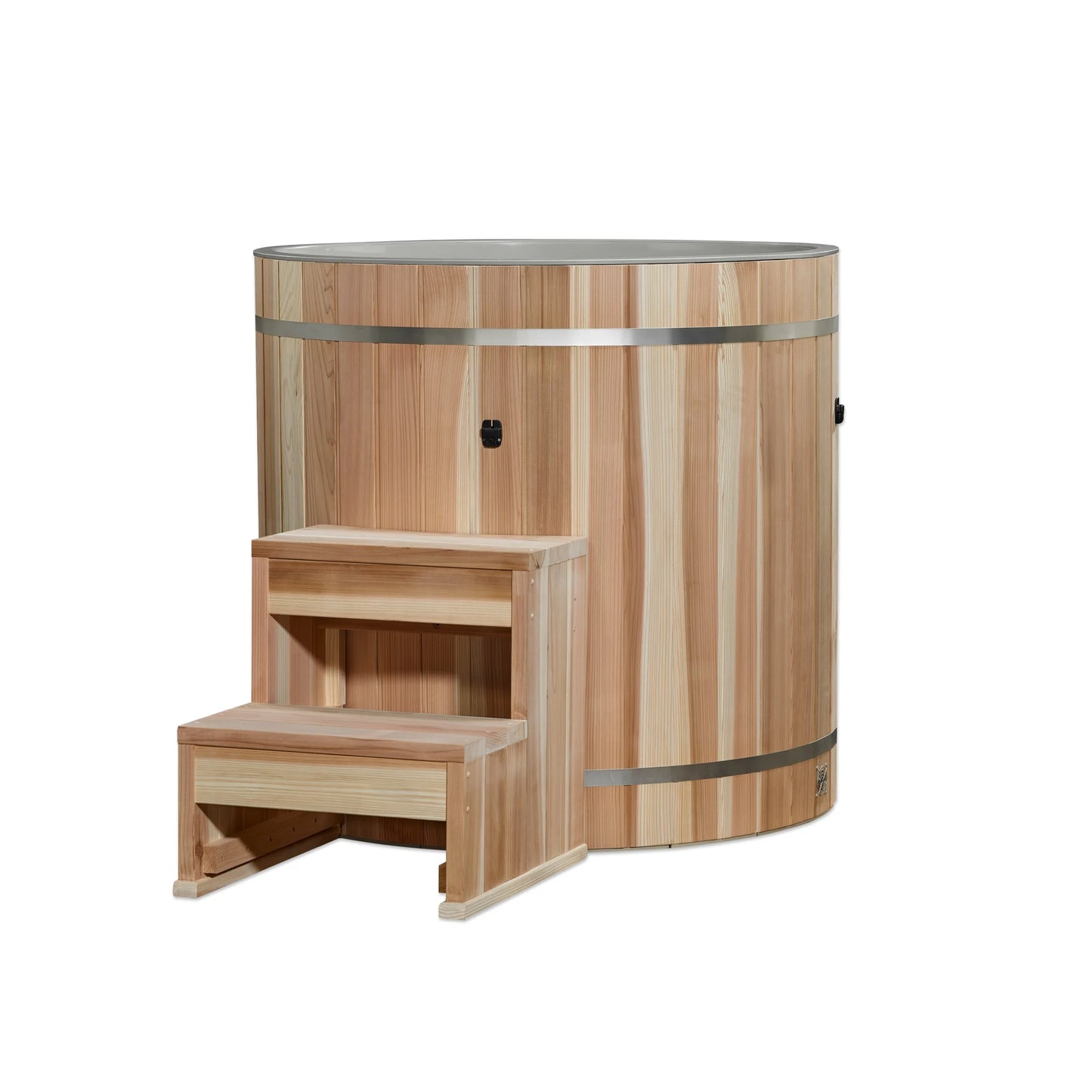 Exterior front view of the Dynamic Cold Therapy Pacific Cedar Barrel Cold Plunge Tub (Plastic Interior) (DCT-B-042-PLPC-34) – cold plunge tub