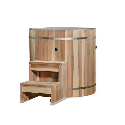 Exterior front view of the Dynamic Cold Therapy Pacific Cedar Barrel Cold Plunge Tub (Plastic Interior) (DCT-B-042-PLPC-34) – cold plunge tub
