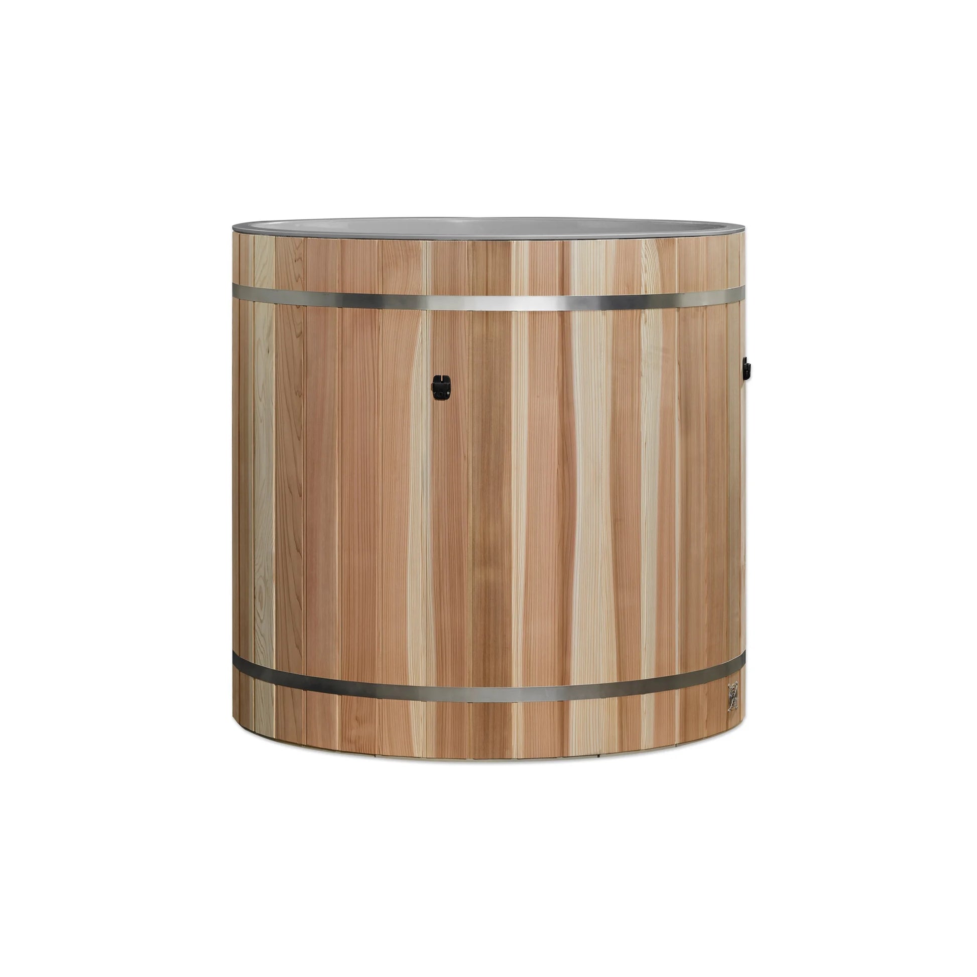 Exterior front view of the Dynamic Cold Therapy Pacific Cedar Barrel Cold Plunge Tub (Plastic Interior) (DCT-B-042-PLPC-34) – cold plunge tub