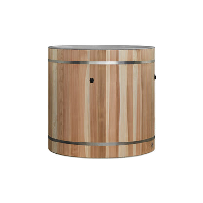 Exterior front view of the Dynamic Cold Therapy Pacific Cedar Barrel Cold Plunge Tub (Plastic Interior) (DCT-B-042-PLPC-34) – cold plunge tub