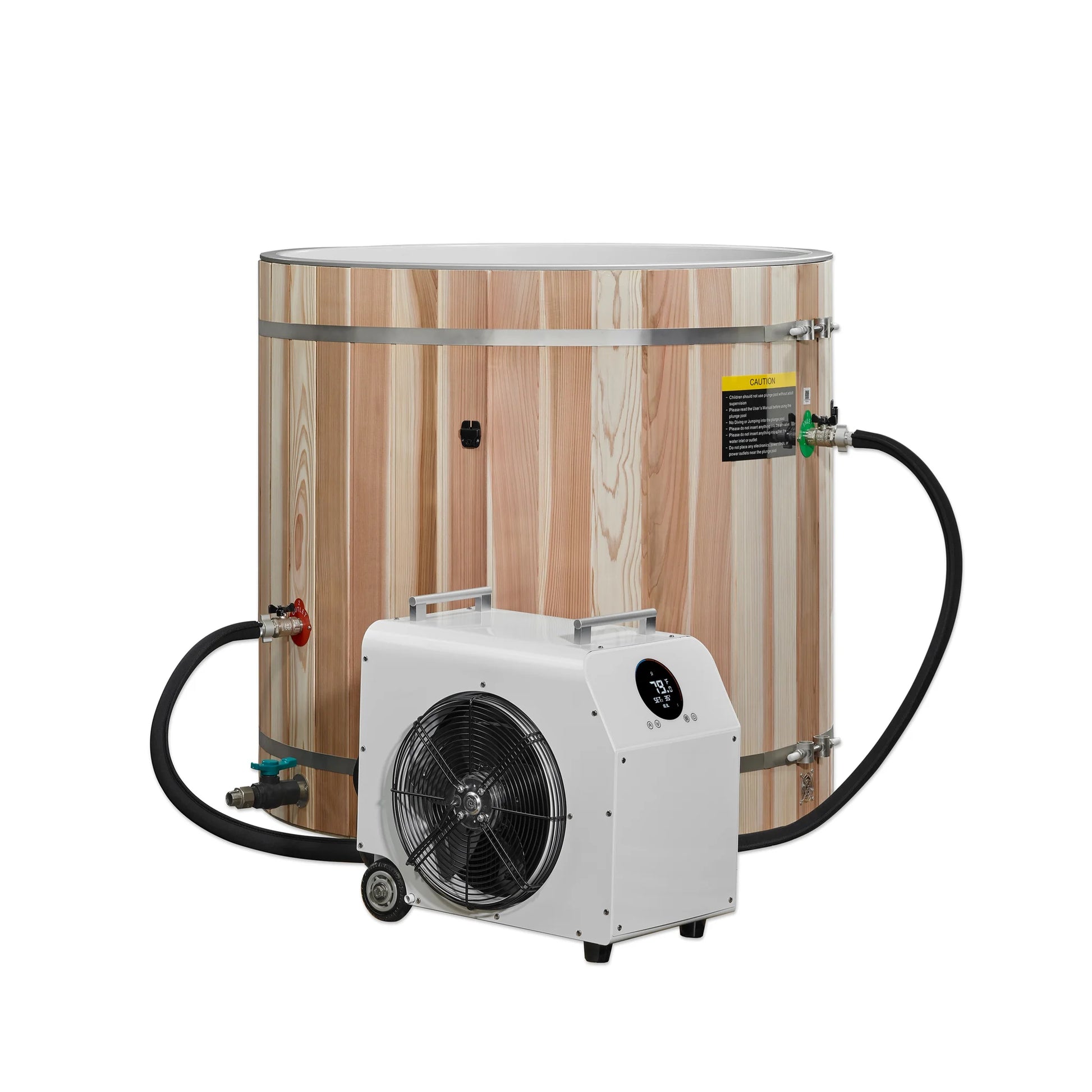 Front view of the Dynamic Cold Therapy Pacific Cedar Barrel Cold Plunge Tub (Plastic Interior) (DCT-B-042-PLPC-34) – cold plunge tub
