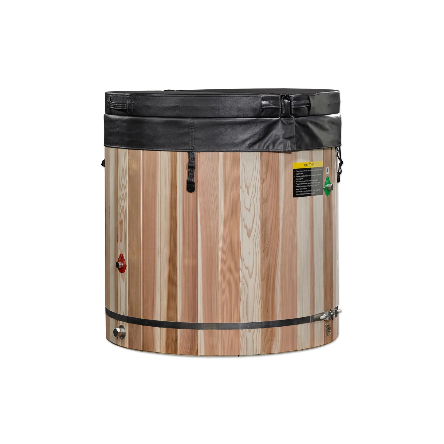 Front view of the Dynamic Cold Therapy Pacific Cedar Barrel Cold Plunge Tub (304 Stainless Steel Interior) (DCT-B-042-SSPC-34) – cold plunge tub