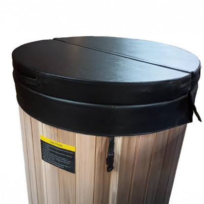 DCT-B-042-CVR-F black 4-inch insulated cover closed on barrel cold plunge tub — split design with locking buckles