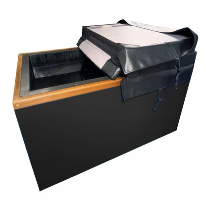 DCT Cuboid XL Cold Plunge 4-inch insulated cover open, showing white foam-core insulation and larger rectangular tub opening