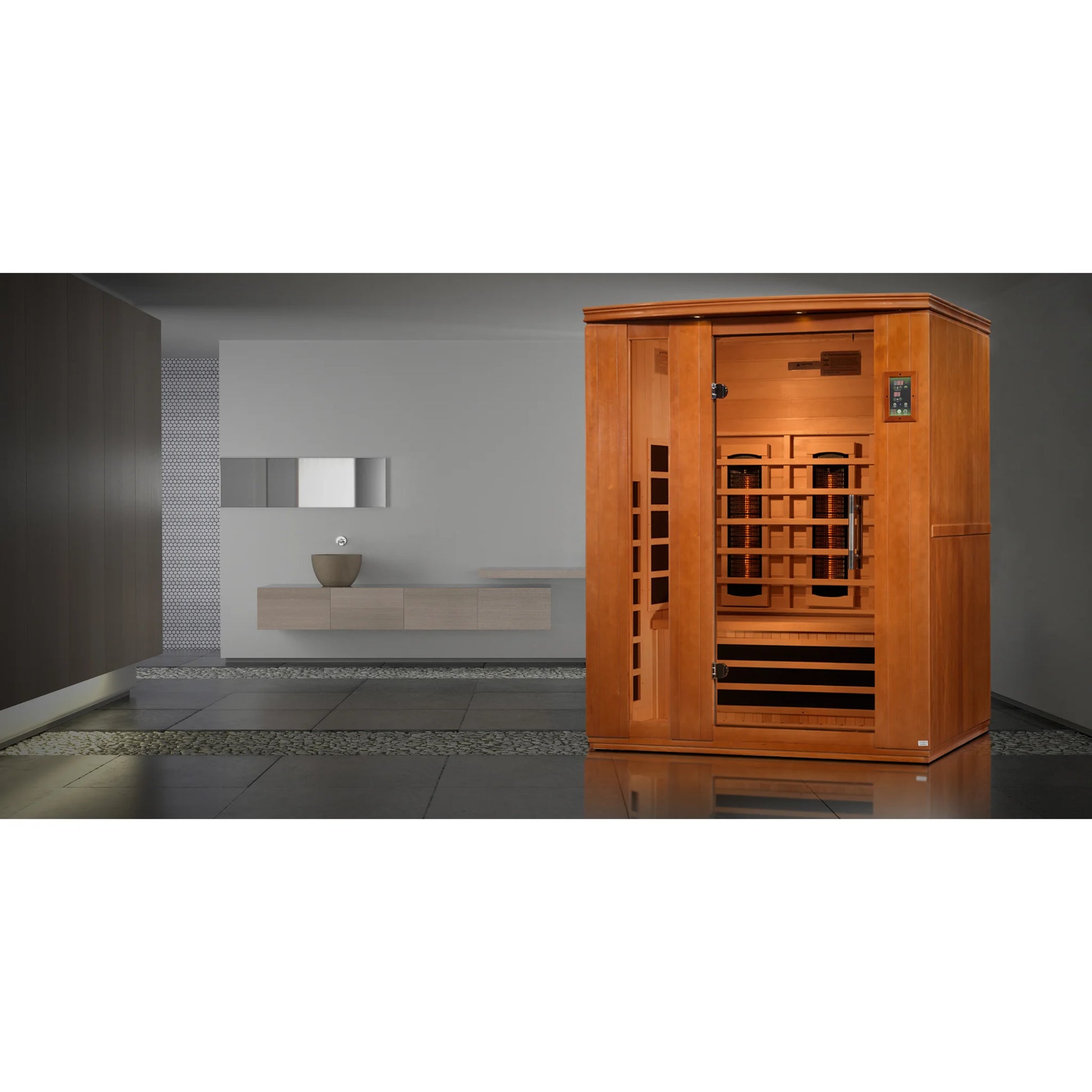 Front view of the Dynamic Lugano 3-Person Full Spectrum Near Zero EMF FAR Infrared Sauna (DYN-6336-03 FS) – full spectrum infrared sauna