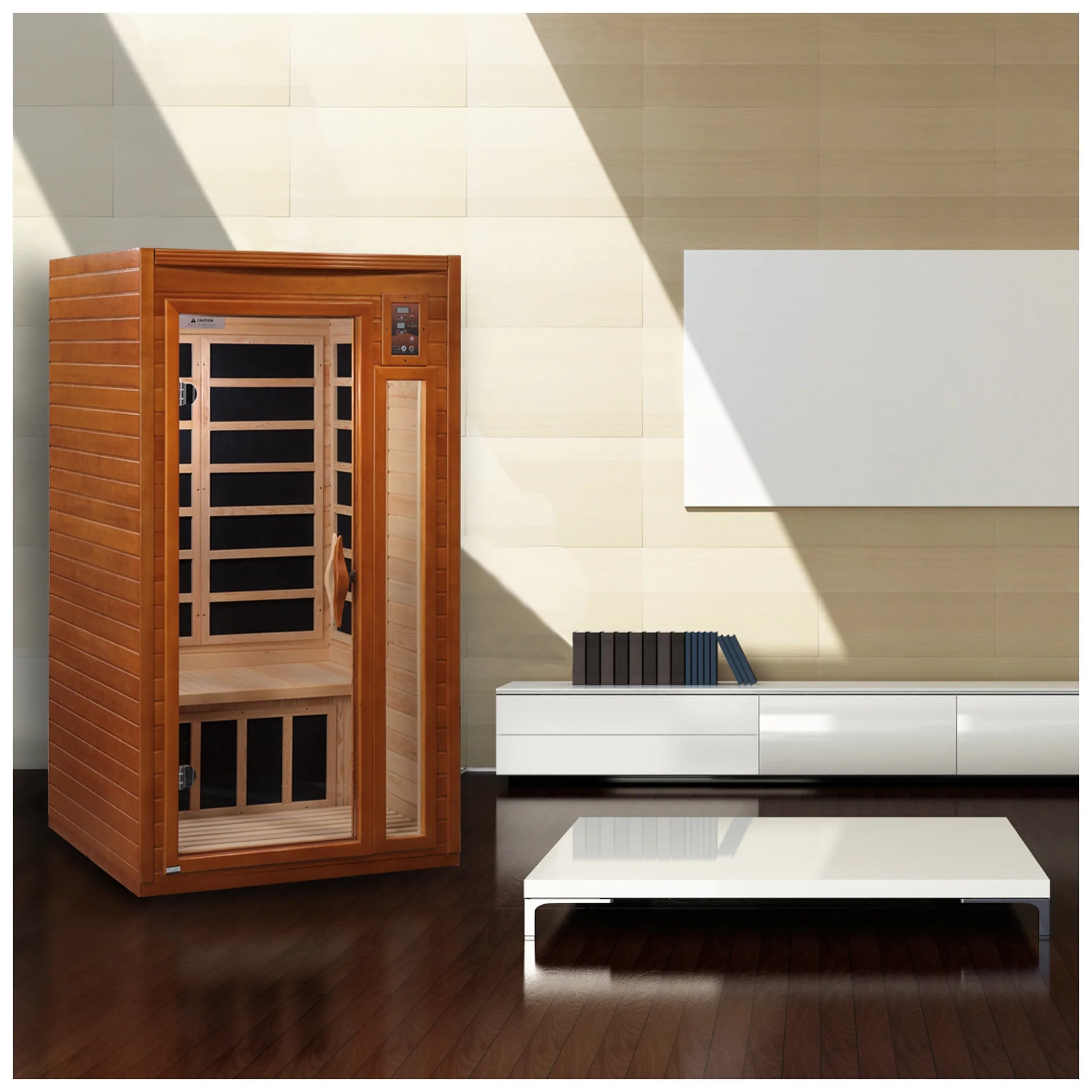 Front view on white background of the Dynamic Barcelona 1-2-Person Low EMF FAR Infrared Sauna (DYN-6106-01) – low EMF infrared sauna