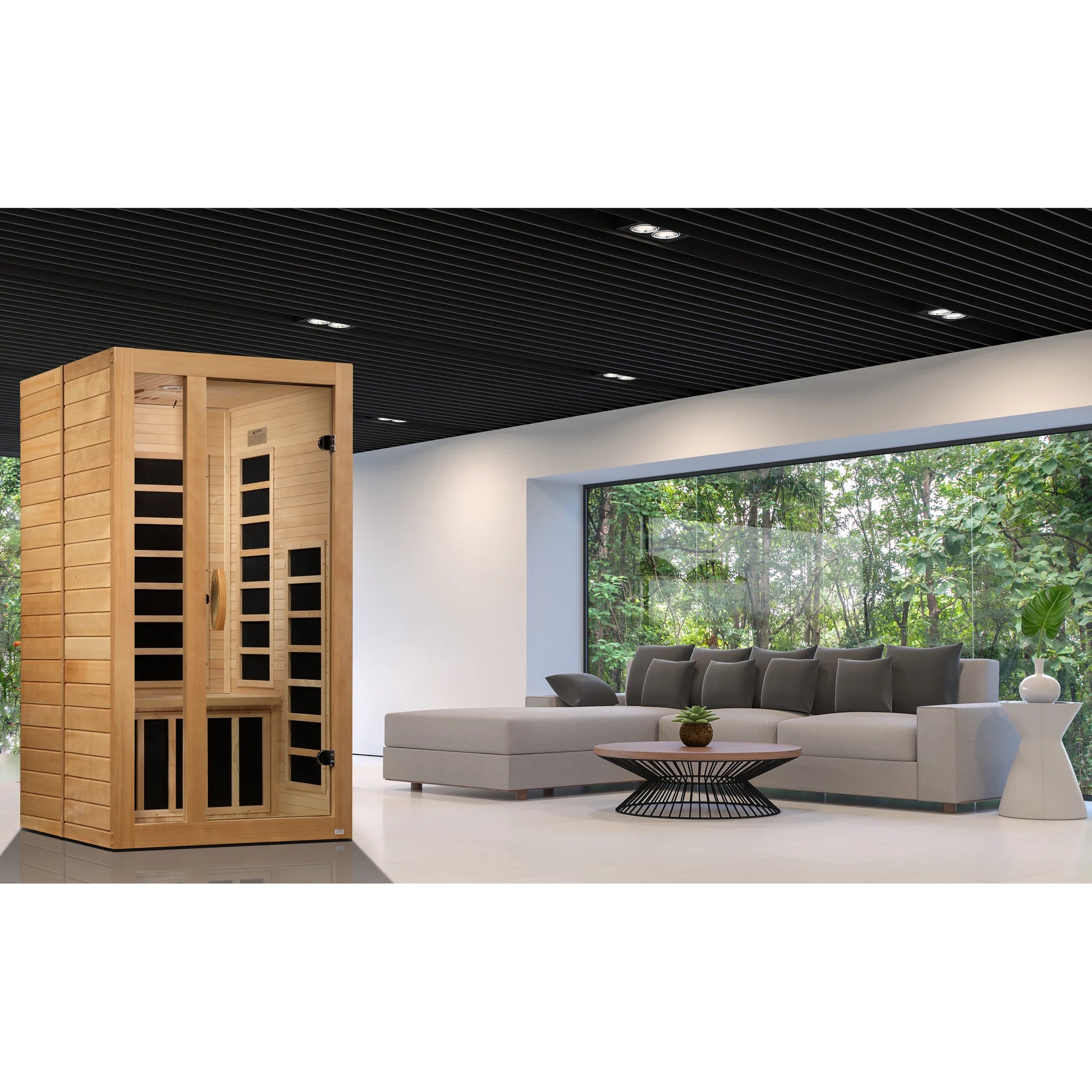 Lifestyle in-room setting of the Dynamic Gracia 1-2-Person Low EMF FAR Infrared Sauna (DYN-6119-01) – low EMF infrared sauna