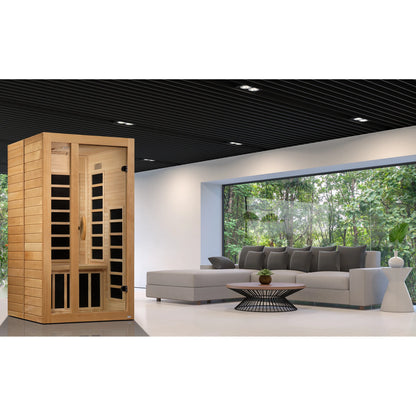 Lifestyle in-room setting of the Dynamic Gracia 1-2-Person Low EMF FAR Infrared Sauna (DYN-6119-01) – low EMF infrared sauna