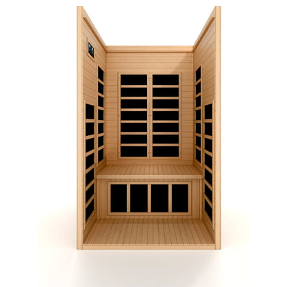 Interior view of the Dynamic Gracia 1-2-Person Low EMF FAR Infrared Sauna (DYN-6119-01) – low EMF infrared sauna