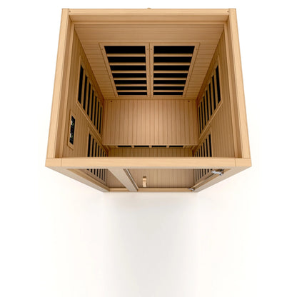 Interior view of the Dynamic Gracia 1-2-Person Low EMF FAR Infrared Sauna (DYN-6119-01) – low EMF infrared sauna