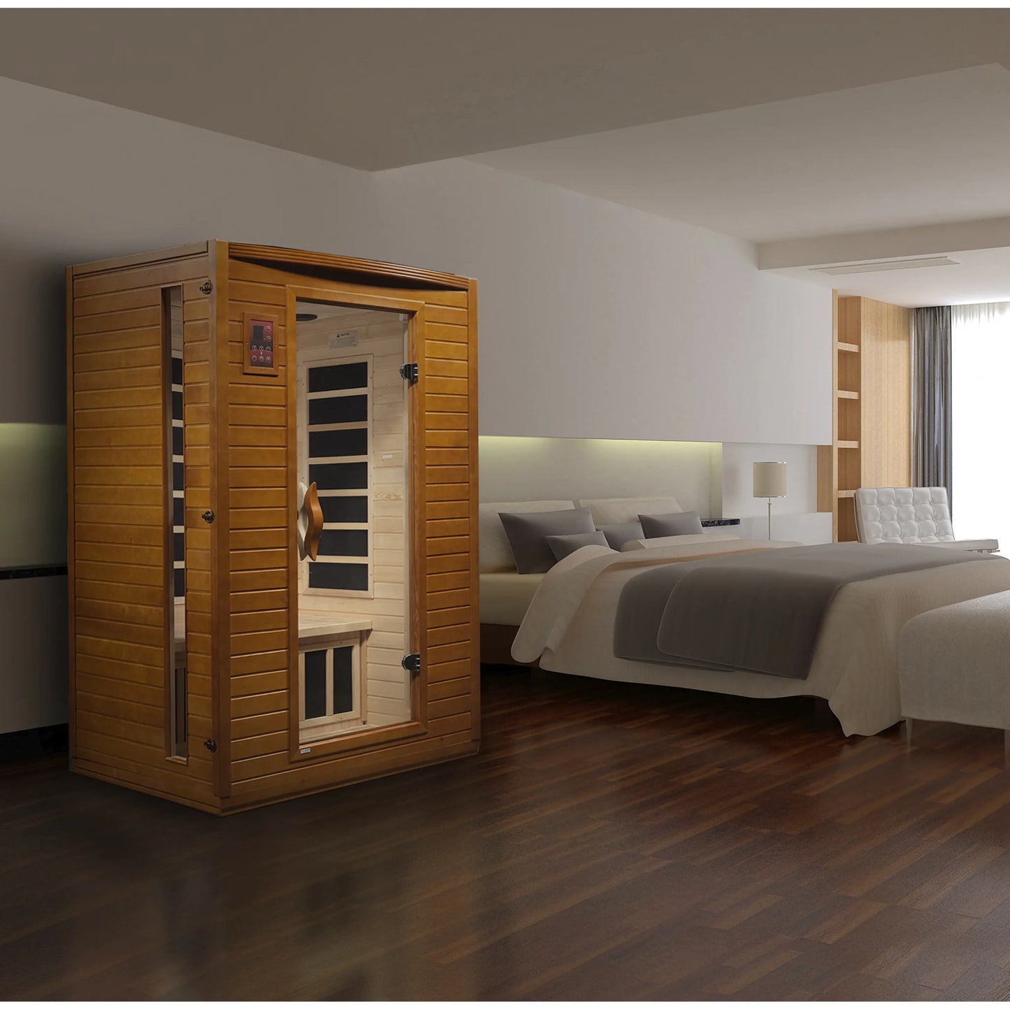 Front view of the Dynamic Versailles 2-Person Low EMF FAR Infrared Sauna (DYN-6202-03) – low EMF infrared sauna