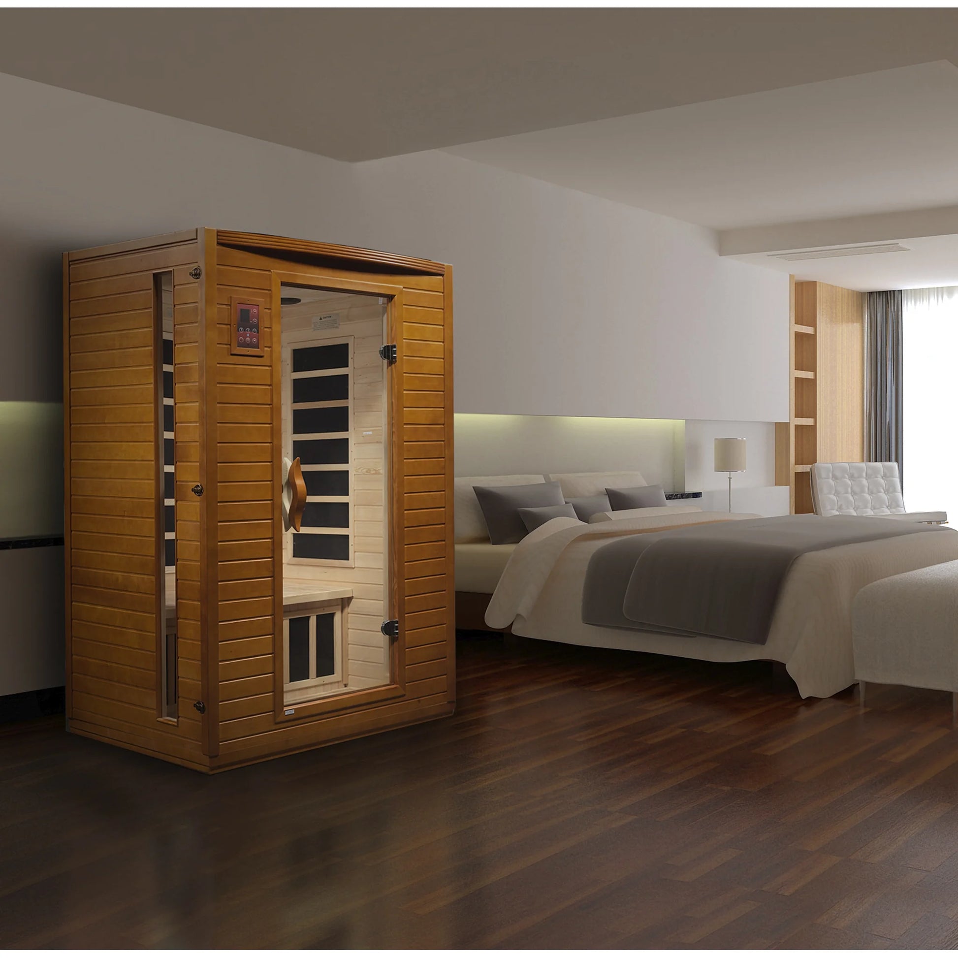 Front view of the Dynamic Versailles 2-Person Low EMF FAR Infrared Sauna (DYN-6202-03) – low EMF infrared sauna
