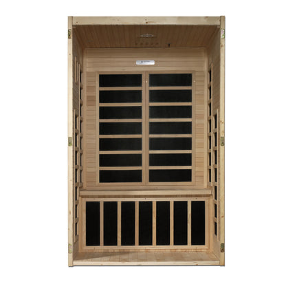 Front view 2 of the Dynamic Santiago 2-Person Low EMF FAR Infrared Sauna (DYN-6209-01) – low EMF infrared sauna
