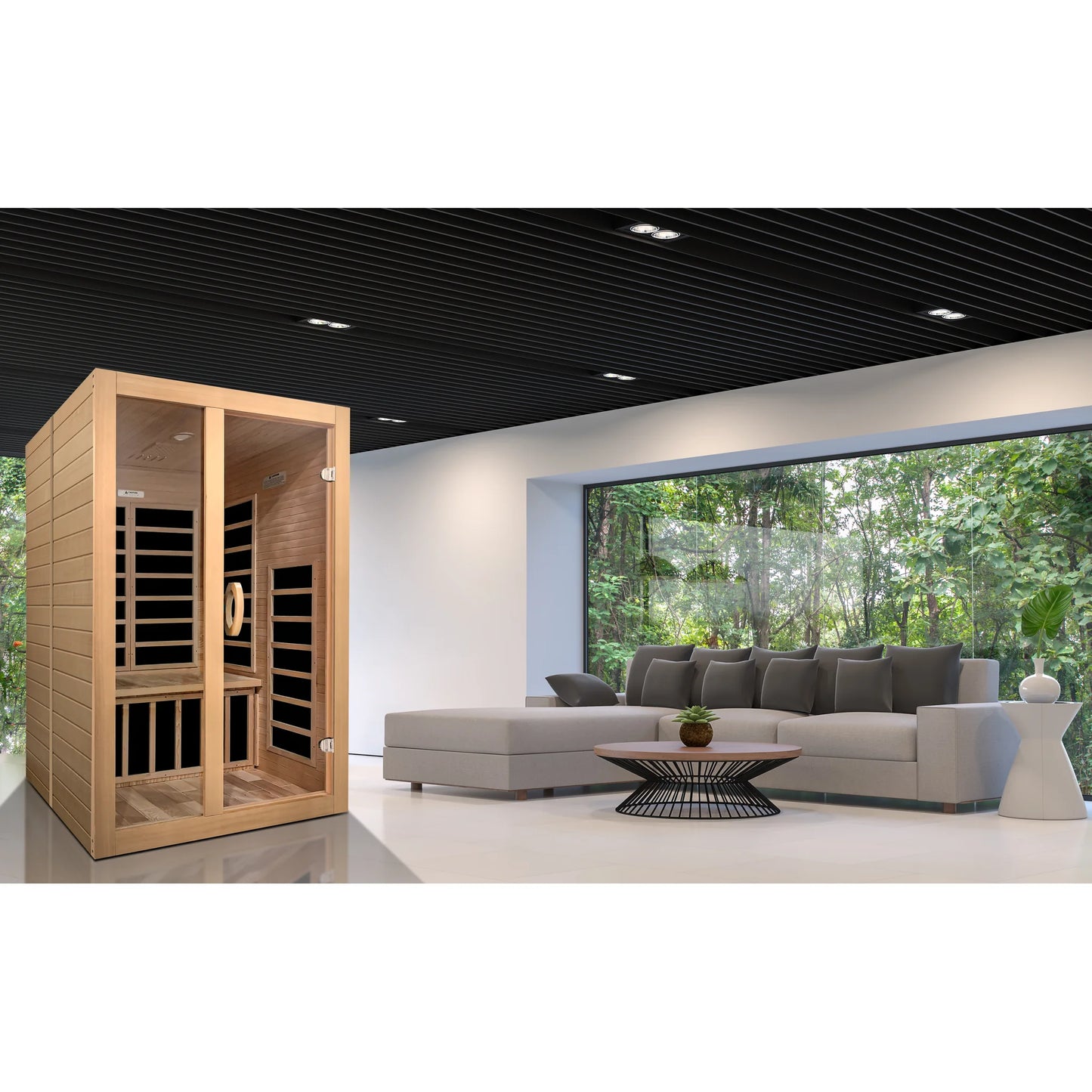 Front view on white background of the Dynamic Santiago 2-Person Low EMF FAR Infrared Sauna (DYN-6209-01) – low EMF infrared sauna