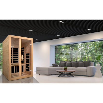 Front view on white background of the Dynamic Santiago 2-Person Low EMF FAR Infrared Sauna (DYN-6209-01) – low EMF infrared sauna