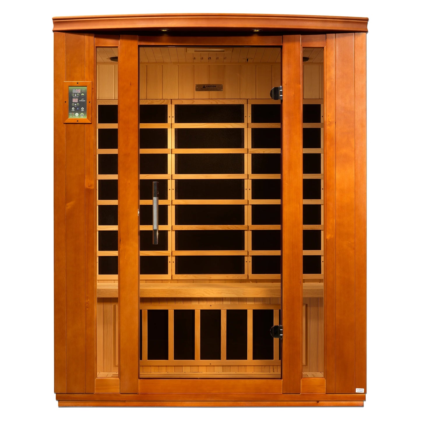 Exterior angle view of the Dynamic Bellagio Elite 3-Person Ultra Low EMF FAR Infrared Sauna (DYN-6306-02 Elite) — infrared sauna