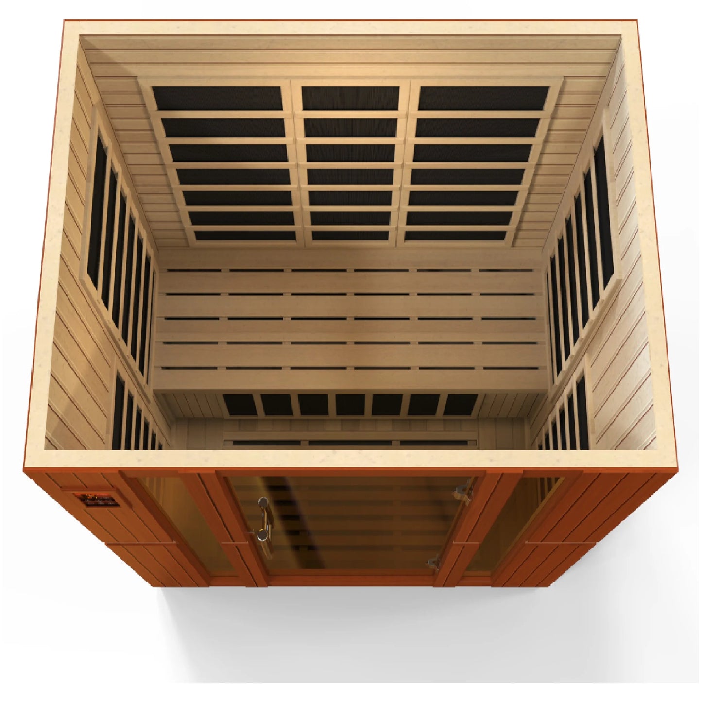 Rear view of the Dynamic Bellagio Elite 3-Person Ultra Low EMF FAR Infrared Sauna (DYN-6306-02 Elite) — infrared sauna