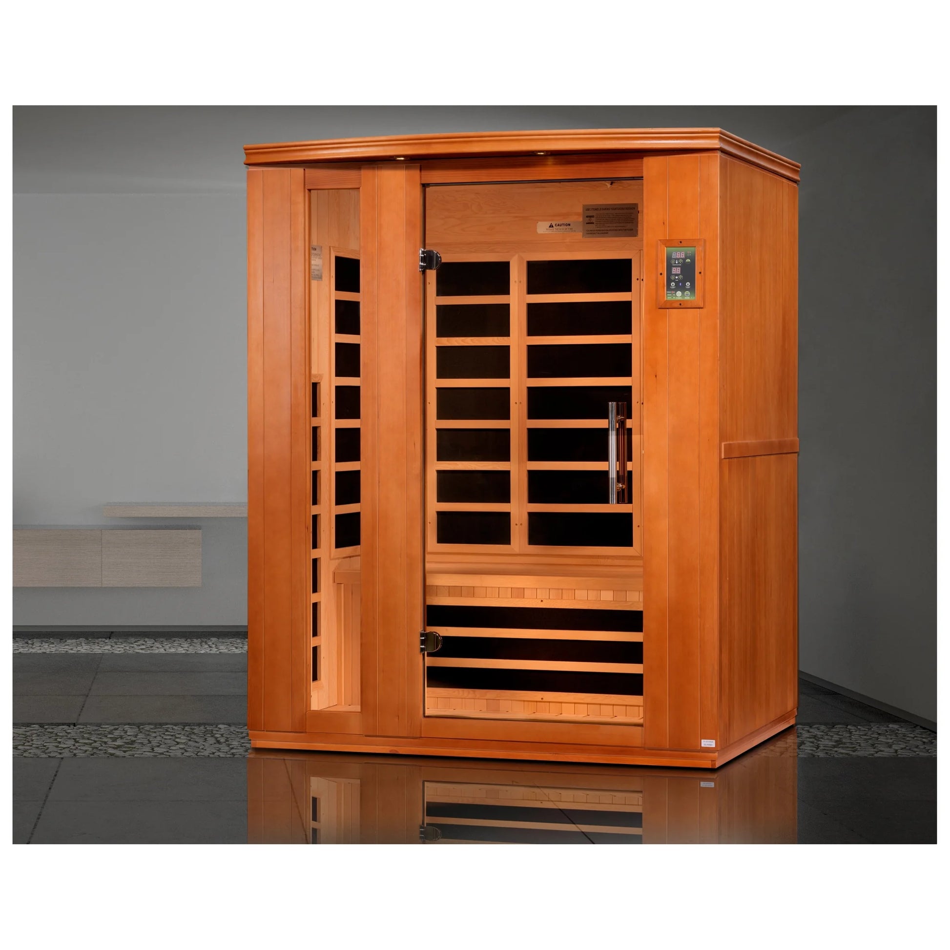 Front view on white background 2 of the Dynamic Lugano 3-Person Low EMF FAR Infrared Sauna (DYN-6336-02) – low EMF infrared sauna