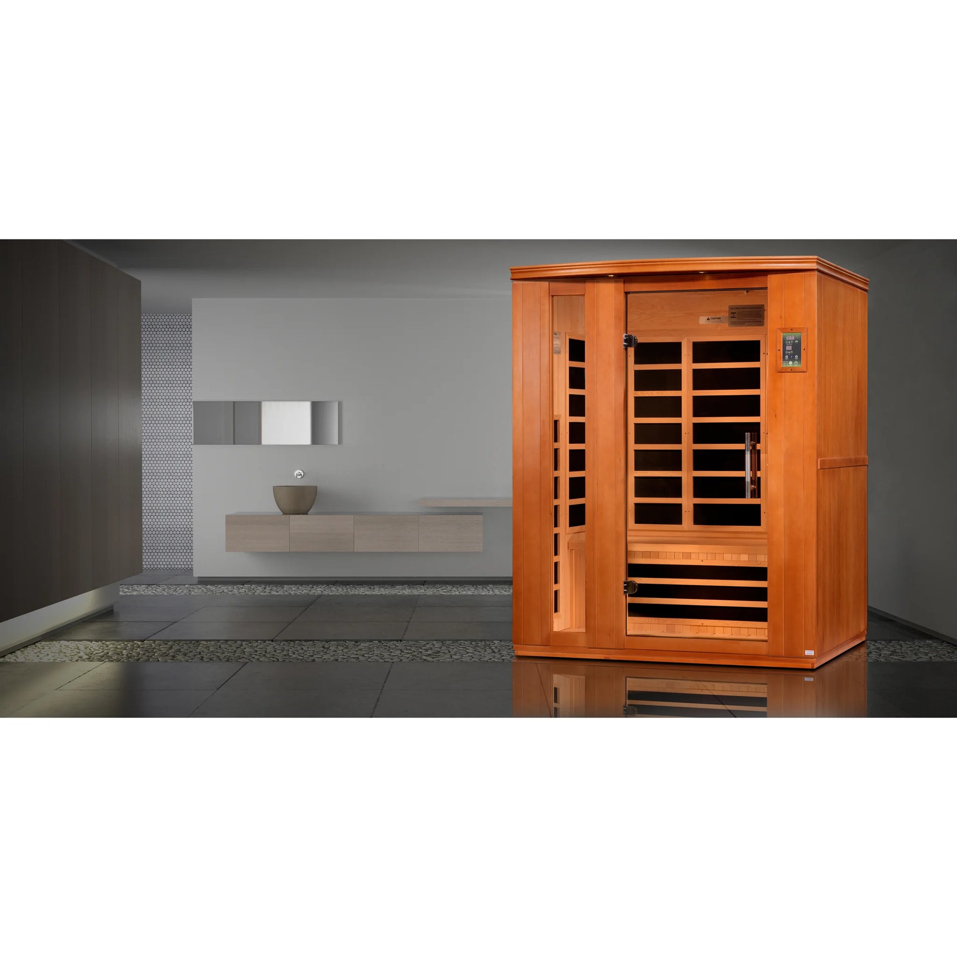 Front view on white background of the Dynamic Lugano 3-Person Low EMF FAR Infrared Sauna (DYN-6336-02) – low EMF infrared sauna