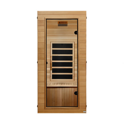 Front view of the Dynamic Vero Elite 1-Person Ultra Low EMF FAR Infrared Sauna (DYN-1201-01) — infrared sauna