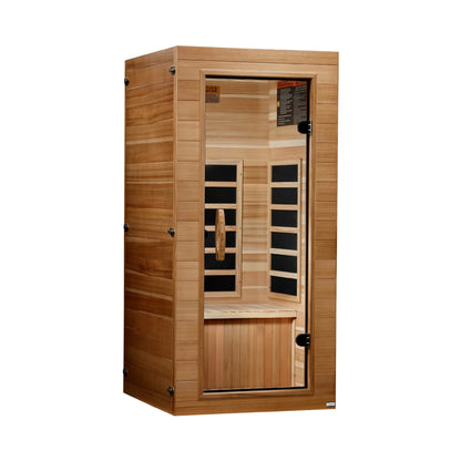 Left angle view of the Dynamic Vero Elite 1-Person Ultra Low EMF FAR Infrared Sauna (DYN-1201-01) — infrared sauna