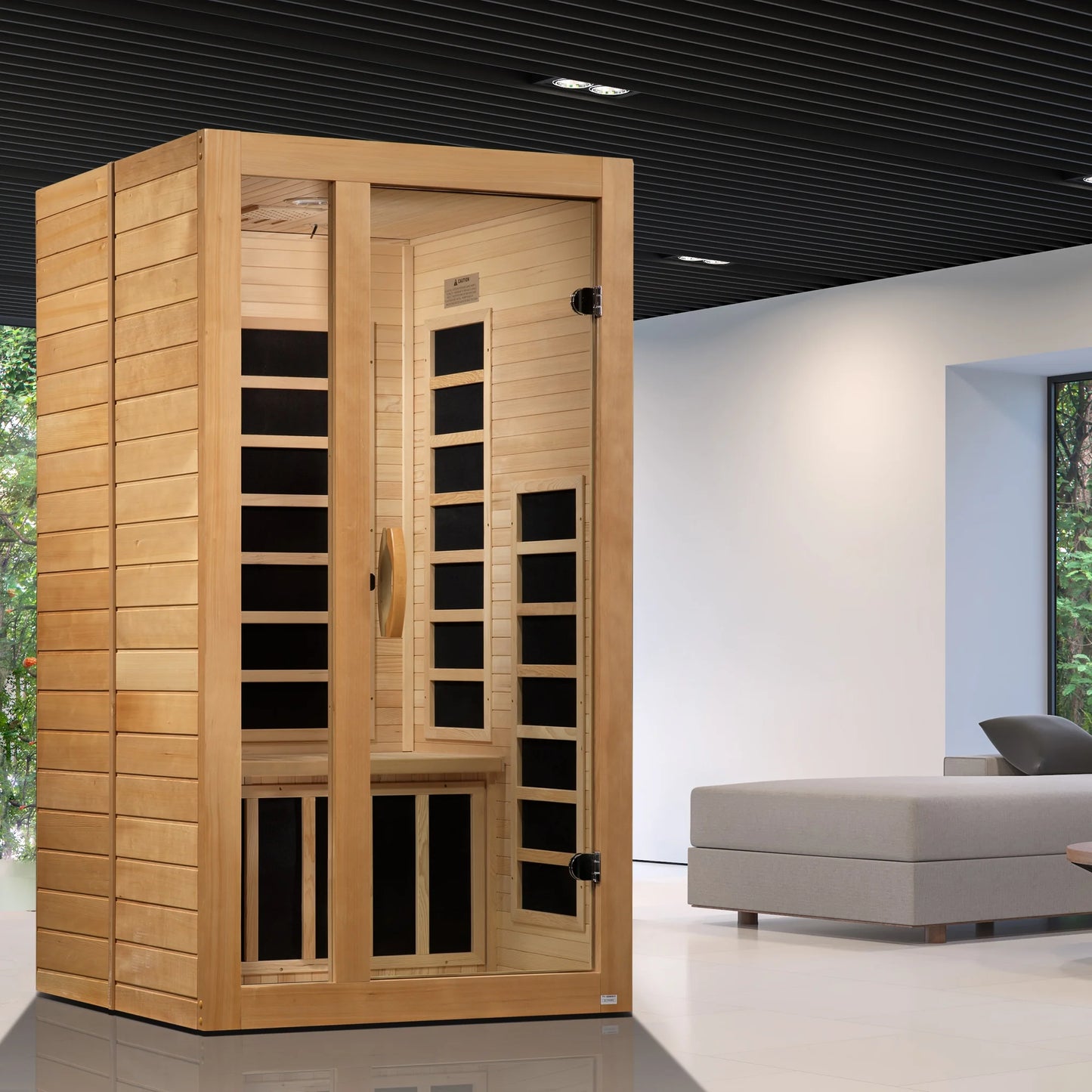 Lifestyle in-room setting of the Dynamic Gracia Elite 1-2-Person Ultra Low EMF FAR Infrared Sauna (DYN-6119-01 Elite) – ultra low EMF infrared sauna