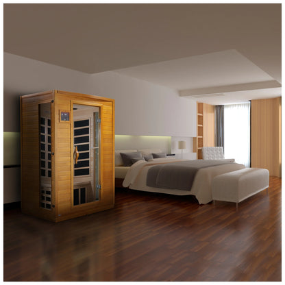 Front view on white background of the Dynamic Versailles Elite 2-Person Ultra Low EMF FAR Infrared Sauna (DYN-6202-03 Elite) – ultra low EMF infrared sauna