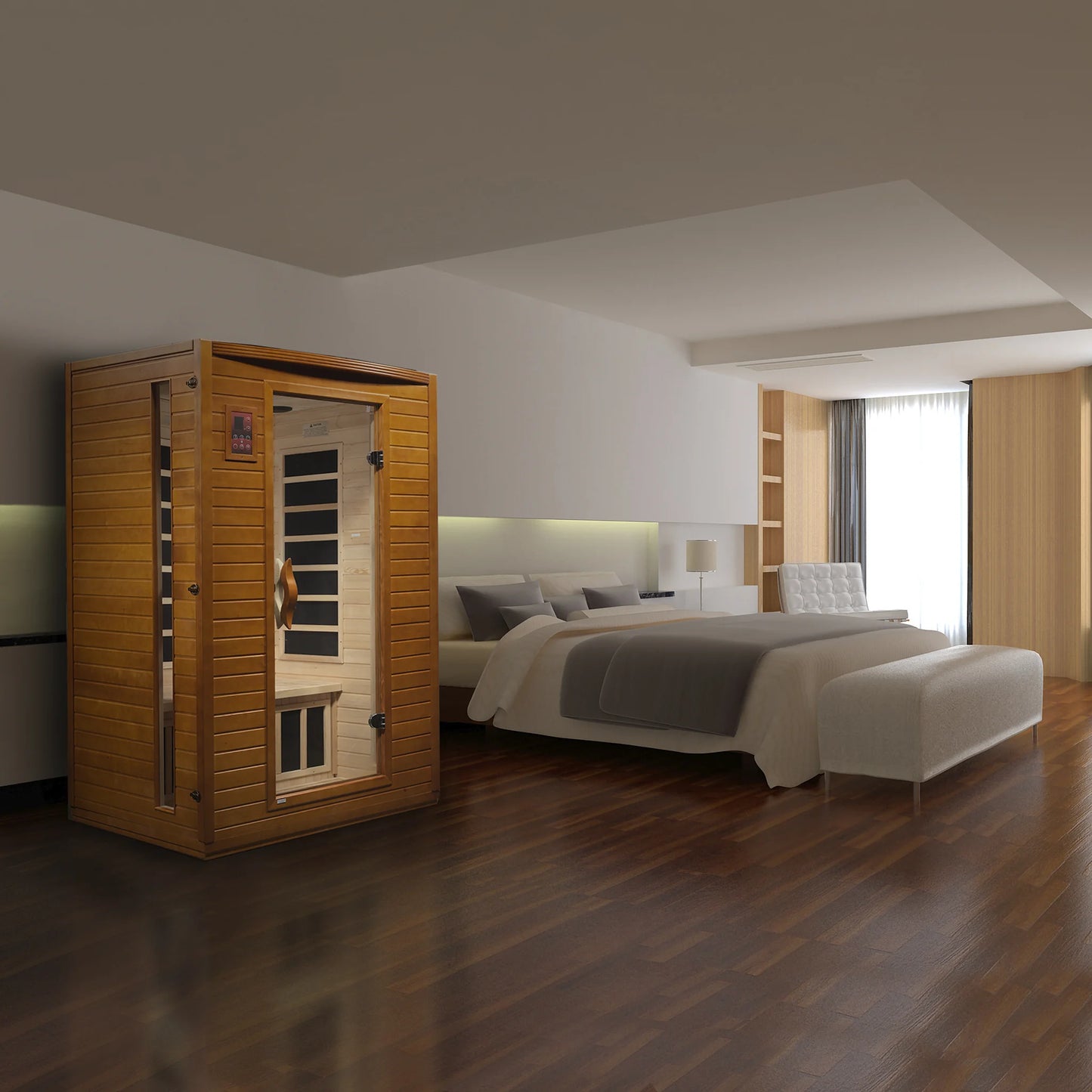 Front view of the Dynamic Versailles Elite 2-Person Ultra Low EMF FAR Infrared Sauna (DYN-6202-03 Elite) – ultra low EMF infrared sauna