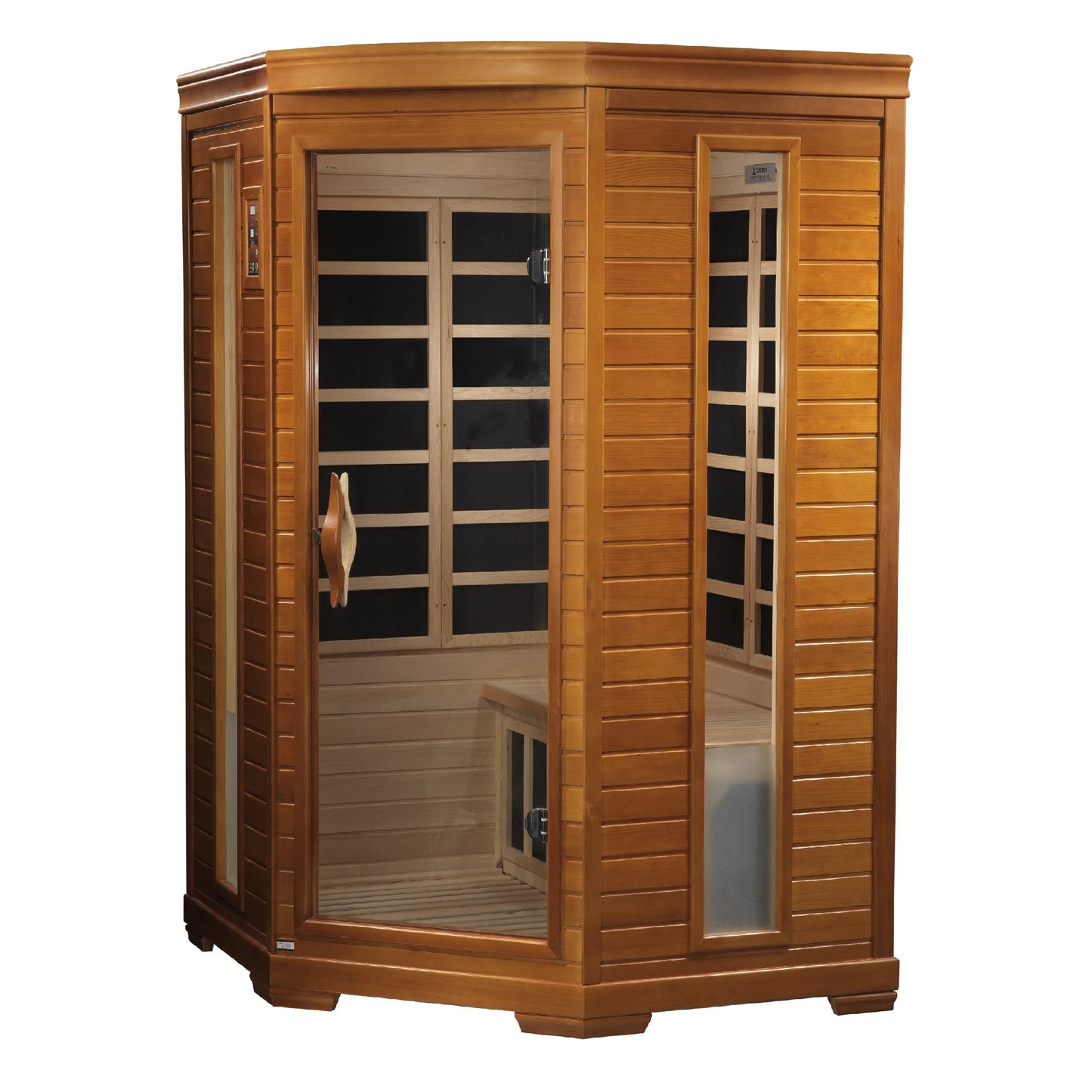 Front view of the Dynamic Heming Elite 2-Person Corner Ultra Low EMF FAR Infrared Sauna (DYN-6225-02 Elite) – ultra low EMF infrared sauna