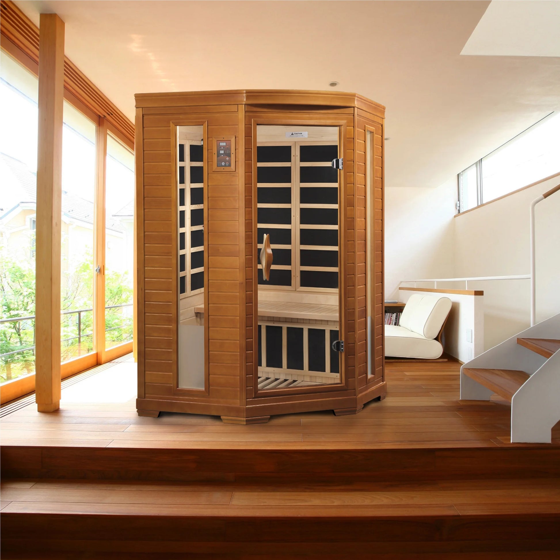 Front view of the Dynamic Heming Elite 2-Person Corner Ultra Low EMF FAR Infrared Sauna (DYN-6225-02 Elite) – ultra low EMF infrared sauna