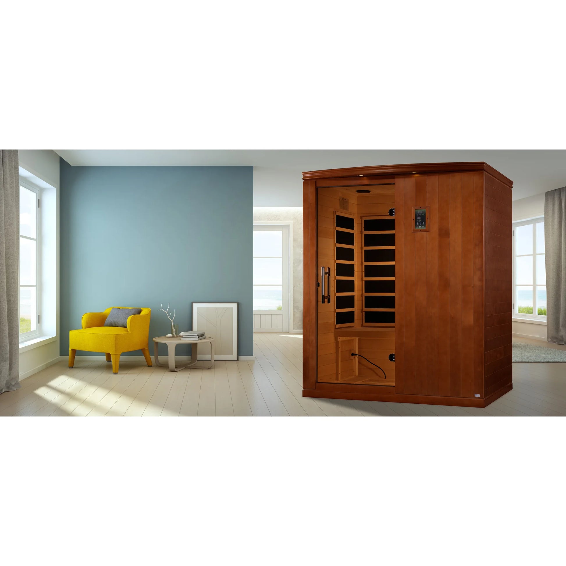 Front view on white background of the Dynamic Madrid Elite 3-Person Ultra Low EMF FAR Infrared Sauna (DYN-6310-04 Elite) – ultra low EMF infrared sauna