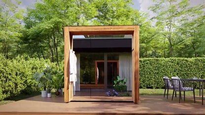 ThermaSol Fortis outdoor sauna cabin seen front on with the doors open to the deck