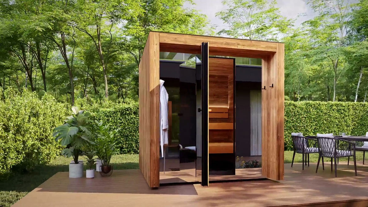 ThermaSol Fortis outdoor sauna cabin with the pivot door open