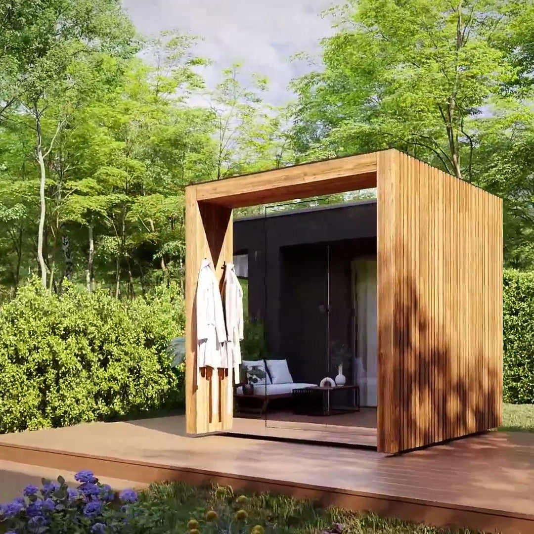 ThermaSol Fortis outdoor sauna cabin on a garden deck, three quarter view