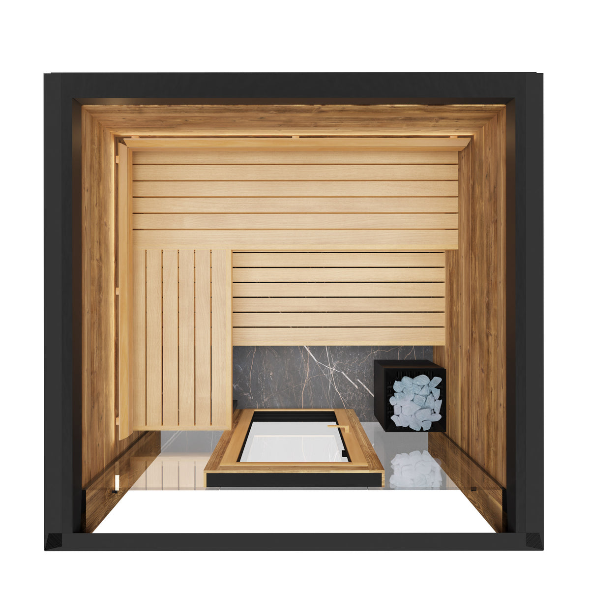 ThermaSol Fortis outdoor sauna cabin, overhead cutaway showing the bench layout