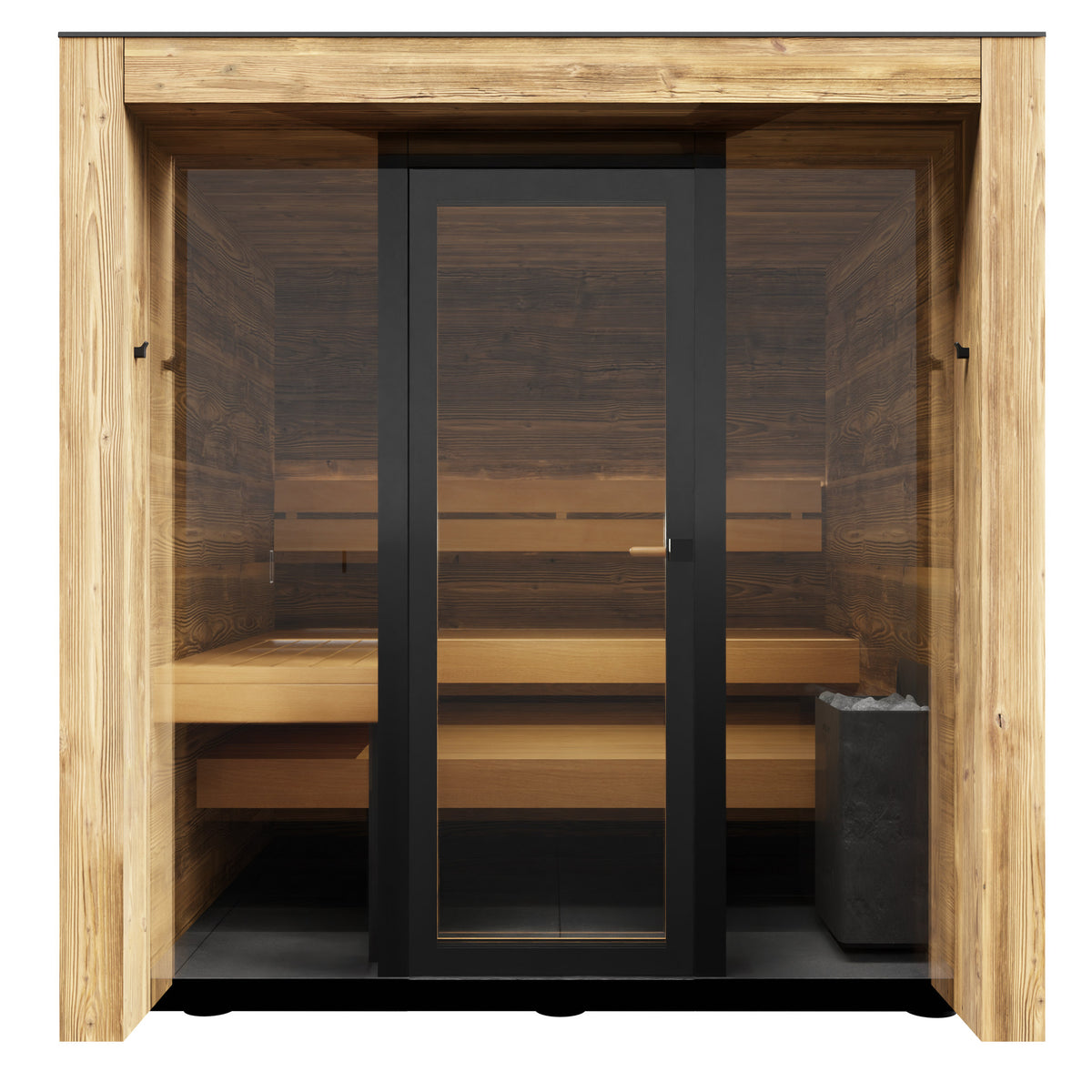 ThermaSol Fortis outdoor sauna cabin, front elevation on a white background