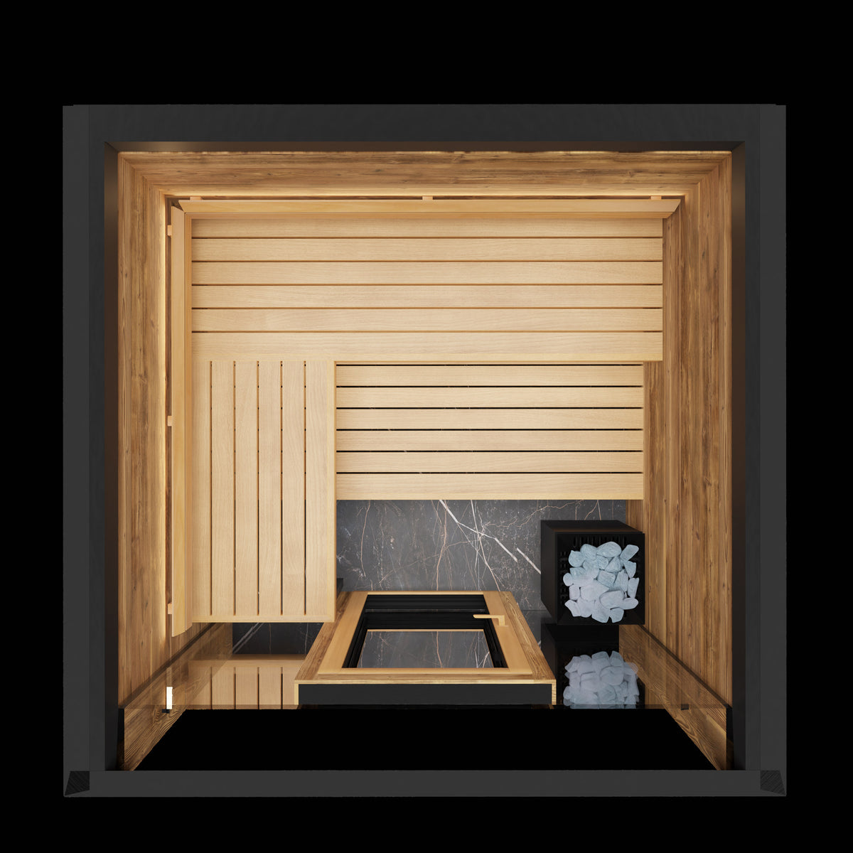ThermaSol Fortis outdoor sauna cabin, overhead cutaway showing the bench layout