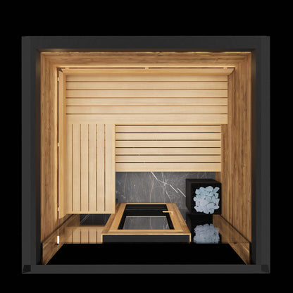 ThermaSol Fortis outdoor sauna cabin, overhead cutaway showing the bench layout