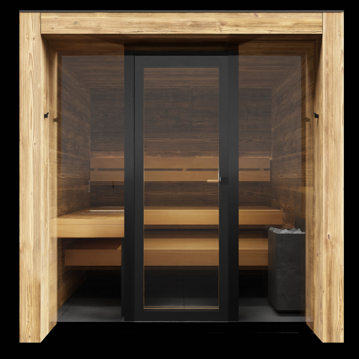 ThermaSol Fortis outdoor sauna cabin seen front on through the glass