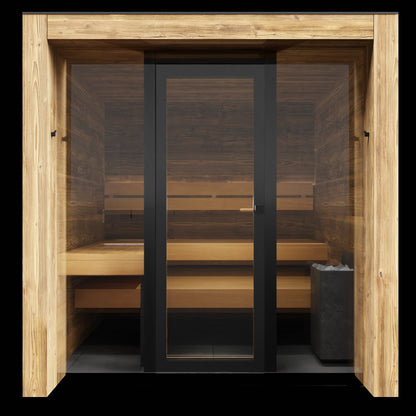 ThermaSol Fortis outdoor sauna cabin seen front on through the glass